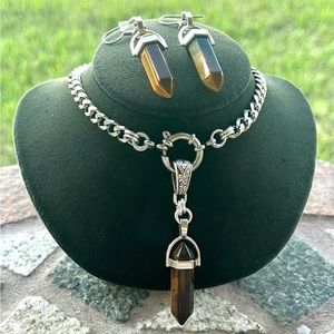 SET ! Genuine tiger eye bullet necklace + earrings stainless steel necklace